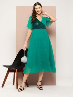 Qurvii - Sequins Yoke Green Georgette Party Dress