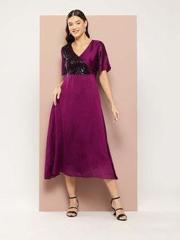 Qurvii - Sequins Yoke Wine Party Dress