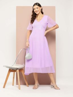 Qurvii - Lavender Sequins Yoke Party Dress