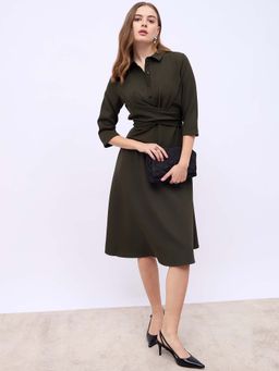 Styli - Shirt Collar Wrap Over Tie Waist A-Line Midi Dress