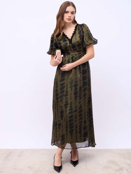Styli - Olive V-Neck A-Line Maxi Dress