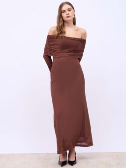 Styli - Brown Off Shoulder Maxi A-Line Dress