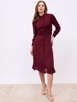 Styli - Maroon Shirt Collar A-Line Dress