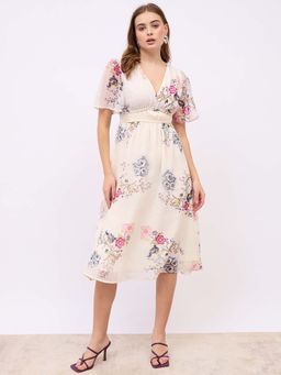 Styli - V-Neck Floral Print A-Line Midi Dress