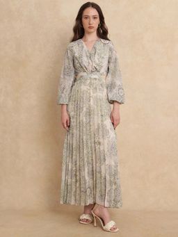RAREISM - Ronmus Light Green Printed Fit and Flare Maxi Dress