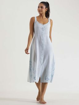 SAY - Blue Floral Embroidered Cotton Shirt Dress