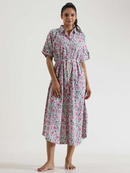 SAY - White Floral Printed Cotton Shirt Dress with Belt (Set of 2)