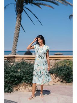 SAY - Blue Floral Printed Cotton A-Line Midi Dress