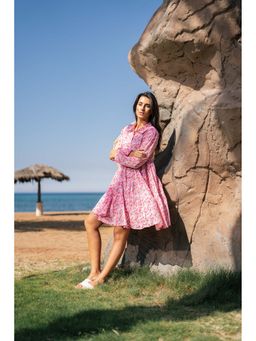 SAY - Pink Floral Printed Cotton Fit and Flare Dress
