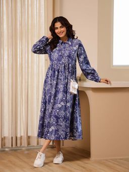 SAY - Blue Floral Printed Cotton Fit and Flared Dress