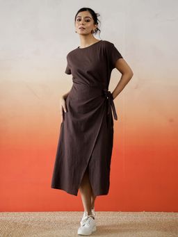 SAY - Brown Solid Cotton Wrap Midi Dress