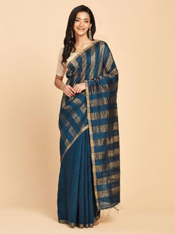 Fabindia - Teal Silk Woven Saree Without Blouse