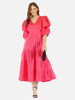 ANYSA - Breezy Tiered Cotton Midi Dress Pink