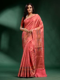 CHARUKRITI - Pink Pure Silk Handwoven Soft Saree with Unstitched Blouse
