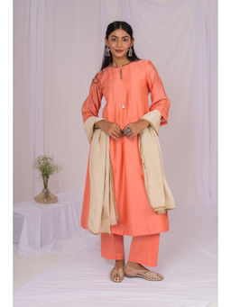 Mushio - Peach Pintucks Floral Lace Chanderi Kurta Set(Set Of3)