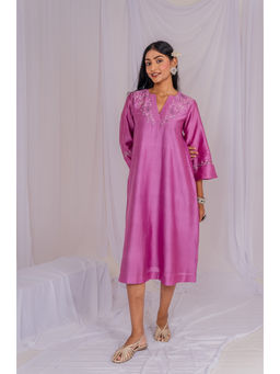 Mushio - Lilac Floral Embroidered Chanderi Dress