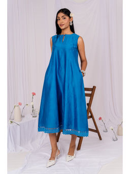 Mushio - Blue Sleeveless Floral Lace Chanderi Dress