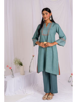 Mushio - Teal Cotton Silk Yoke Floral Embroidery Kurta