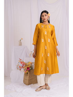 Mushio - Mustard Chanderi A-Line Kurta with Floral Embroidered