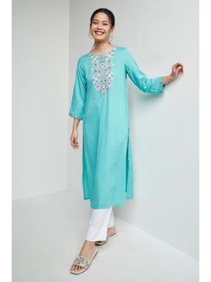 Global Desi Kurtas : Buy Global Desi Blue Casual Embroidered Kurta