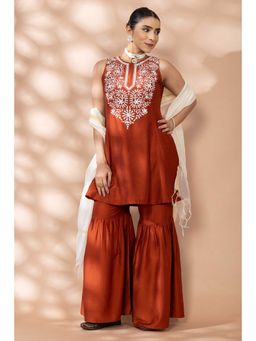 WineRed - Rust Embroidered A-Line Kurta with Sharara and Dupatta
