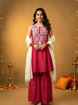 WineRed - Red Embroidered A-Line Kurta with Sharara and Dupatta