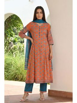 Aurelia - Orange-Blue Floral Printed A-Line Kurta with Pant and Dupatta