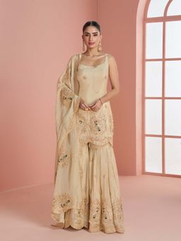 JATRIQQ - Cream Embroidered Kurti with Sharara and Dupatta