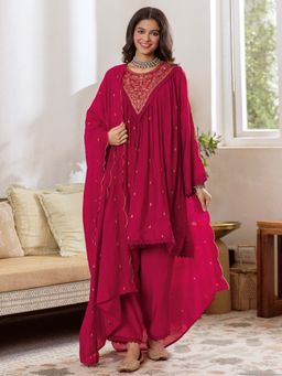 Label Madhuri Thakkar - Magenta Embroidered Kurta with Palazzo and Dupatta