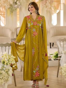 Label Madhuri Thakkar - Mustard Floral Hand Embroidery Kurta with Pant and Dupatta