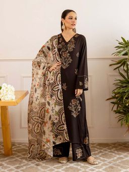 Label Madhuri Thakkar - Black Floral Hand Embroidery Kurta with Palazzo and Dupatta