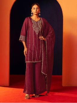 Label Madhuri Thakkar - Purple Embroidered Kurti with Palazzo and Dupatta