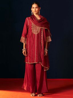 Label Madhuri Thakkar - Maroon Embroidered Kurti with Palazzo and Dupatta