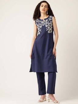 STUDIO MISRI - Navy Blue Floral Embroidered Kurta with Pant