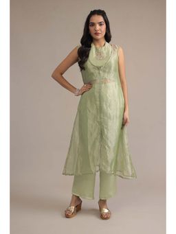 Zari Jaipur - Green Solid Crop Top with Pant and Jacket