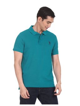 U.S. POLO ASSN. - Men Teal Solid Cotton Pique Polo T-Shirt