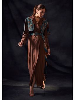 Nikita Mhaisalkar - Tan Open Shoulder Jacket with Turkish Threadwork & Gold Embroidery