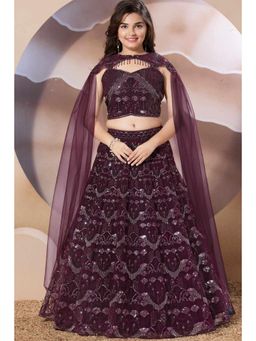 Lagorii - Wine Net Embroidered Choli With Lehenga & Dupatta