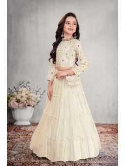 Lagorii - Beige Silk Blend Embroidered Choli With Lehenga & Sling Bag