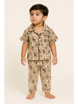 Tittertots - Brown Pure Cotton Printed Shirt With Pyjama
