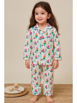 Tittertots - White Pure Cotton Printed Shirt With Pyjama