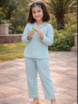 Tittertots - Turquoise Pure Cotton Stripes Shirt With Pyjama