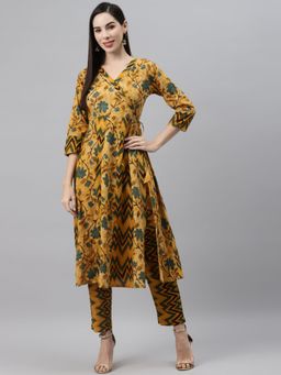Indibelle - Cotton Mustard Floral Print Angrakha Style Kurta