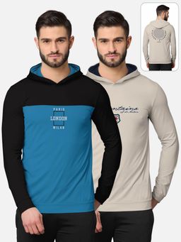 BULLMER - Printed Full Sleeve Hooded T-shirt For Men Multi-color (Pack of 2)