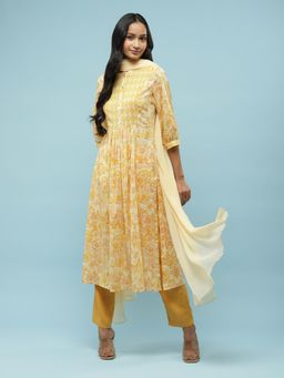 Aarke Ritu Kumar - Yellow Floral Print Button Up Kurta with Pant & Dupatta (Set of 3)