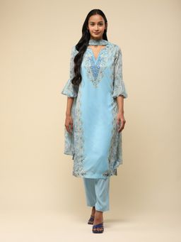 Aarke Ritu Kumar - Blue Floral Print Kaftan Kurta with Pant & Dupatta (Set of 3)
