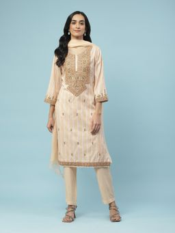 Aarke Ritu Kumar - Beige Embroidered Kurta with Pant & Dupatta (Set of 3)