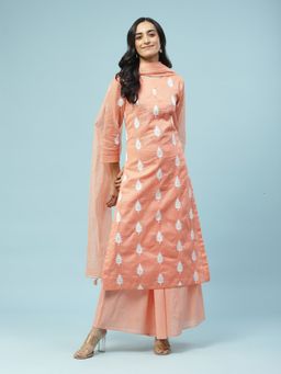 Aarke Ritu Kumar - Peach Embroidered Kurta with Palazzo & Dupatta (Set of 3)