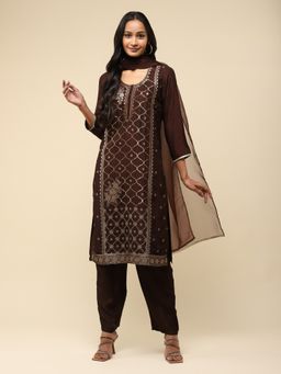 Aarke Ritu Kumar - Round Neck Brown Kurta with Pant & Dupatta (Set of 3)