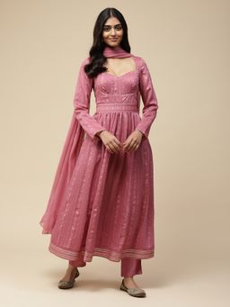 Aarke Ritu Kumar - Rose Pink Gathered Anarkali Kurta with Pant & Dupatta (Set of 3)